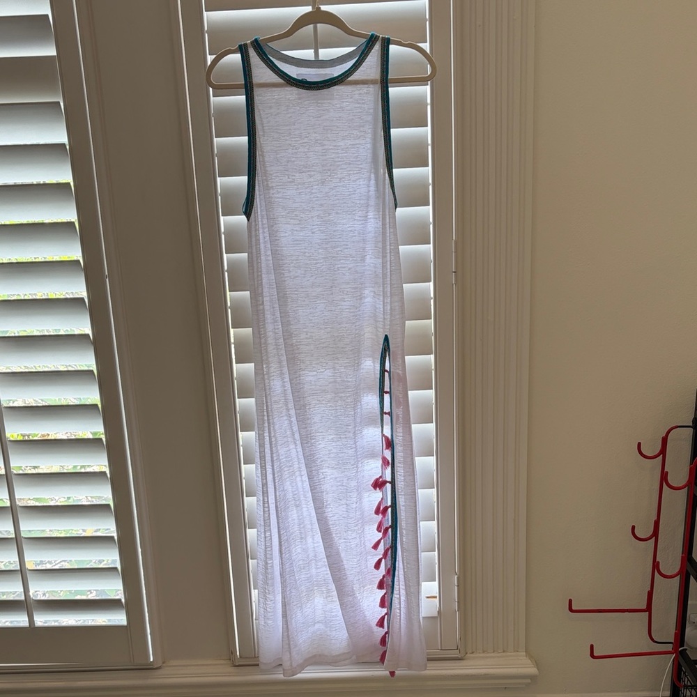 Pitusa White Cover Up Maxi Tank Dress with Teal Trim and Pink Side Tassels